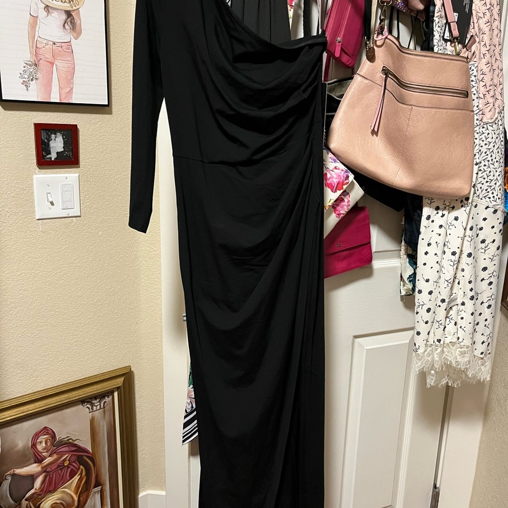 Elegant Black One Shoulder Ruched Asymmetrical Long Sleeve Gown